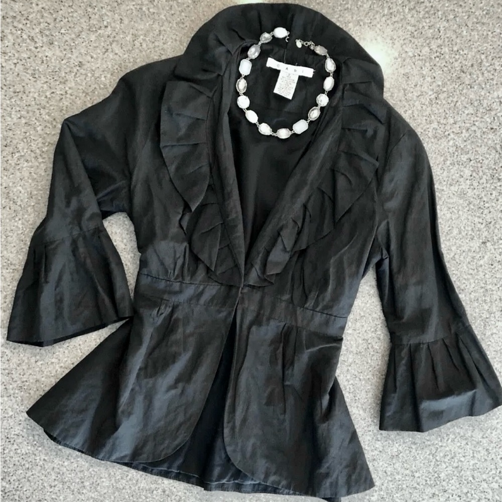 ‼️•CABI Black Cosette Shimmer Pleat Ruffle Collar 3/4 Sleeve Peplum Jacket XS